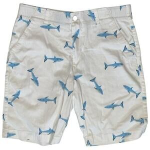 Plugg Flex Waist Mens Size 33 White Blue Shark Print Stretch Cotton Blend Shorts